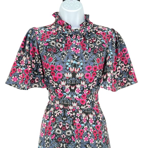 Julia Jordan Floral Ruffle Neck Flutter Sleeve Midi Dress Black Multi Size 2 - Picture 2 of 11